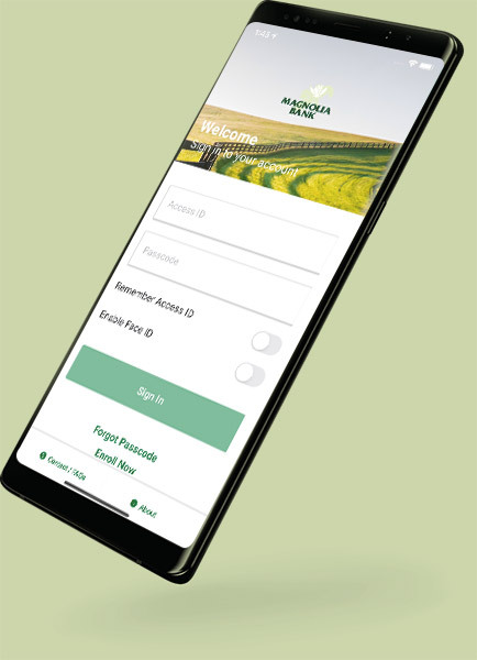 Mobile device mockup of Magnolia Bank App
